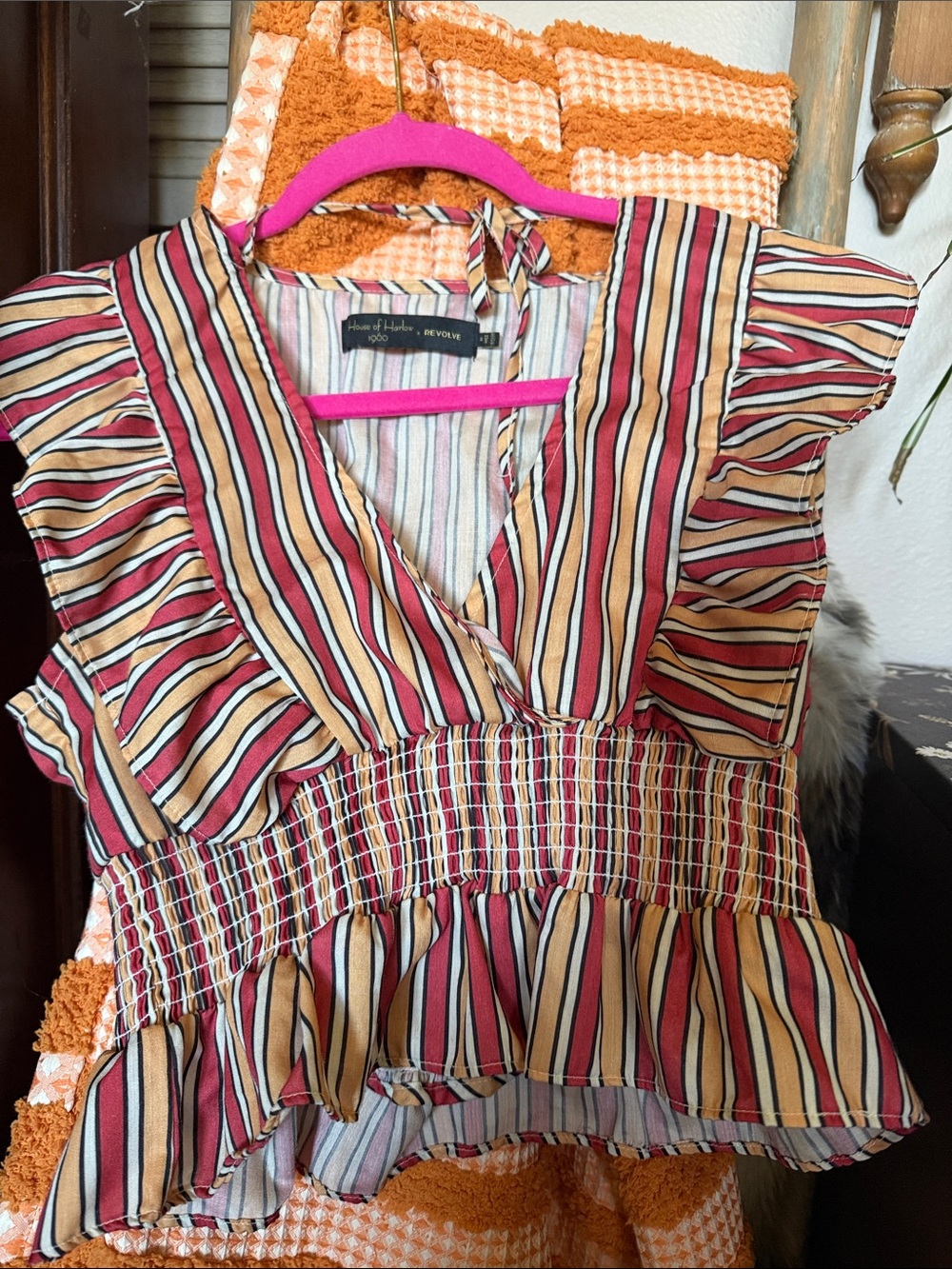House of Harlow 1960 Striped Multi-Color Ruffle Peplum Top